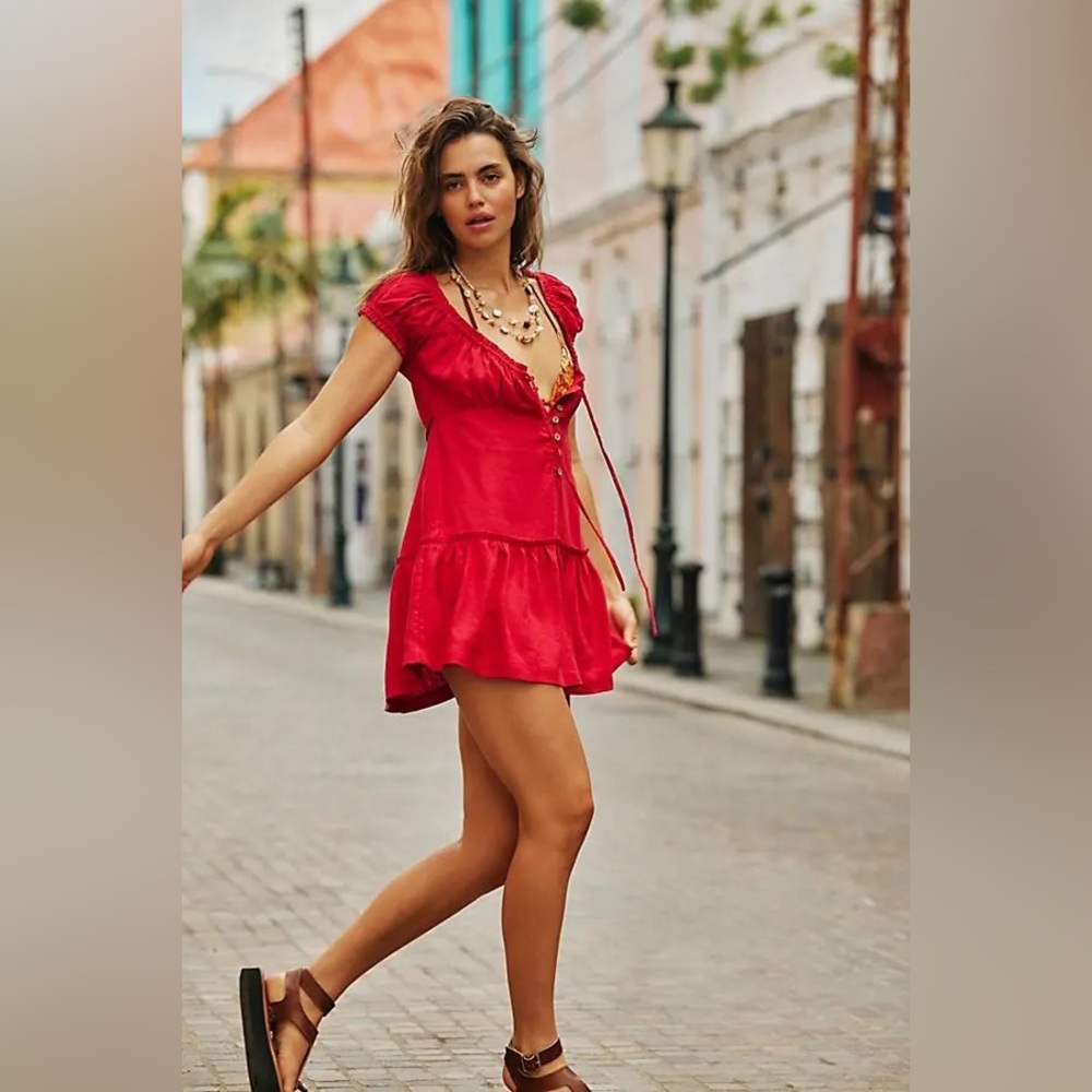 Free people Perri Linen Drop-Waist Mini Dress - Wild Rose Red Sz Small rayon - Picture 2 of 13